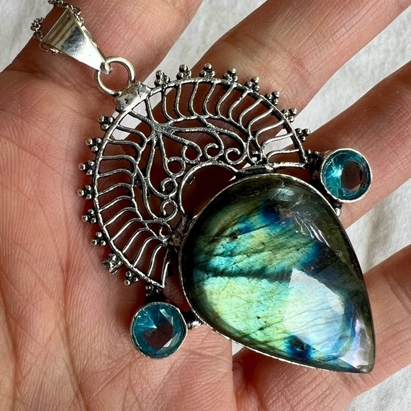 925 Brilliant Flash Labradorite + Topaz Necklace Pendant - Picture 3 of 7